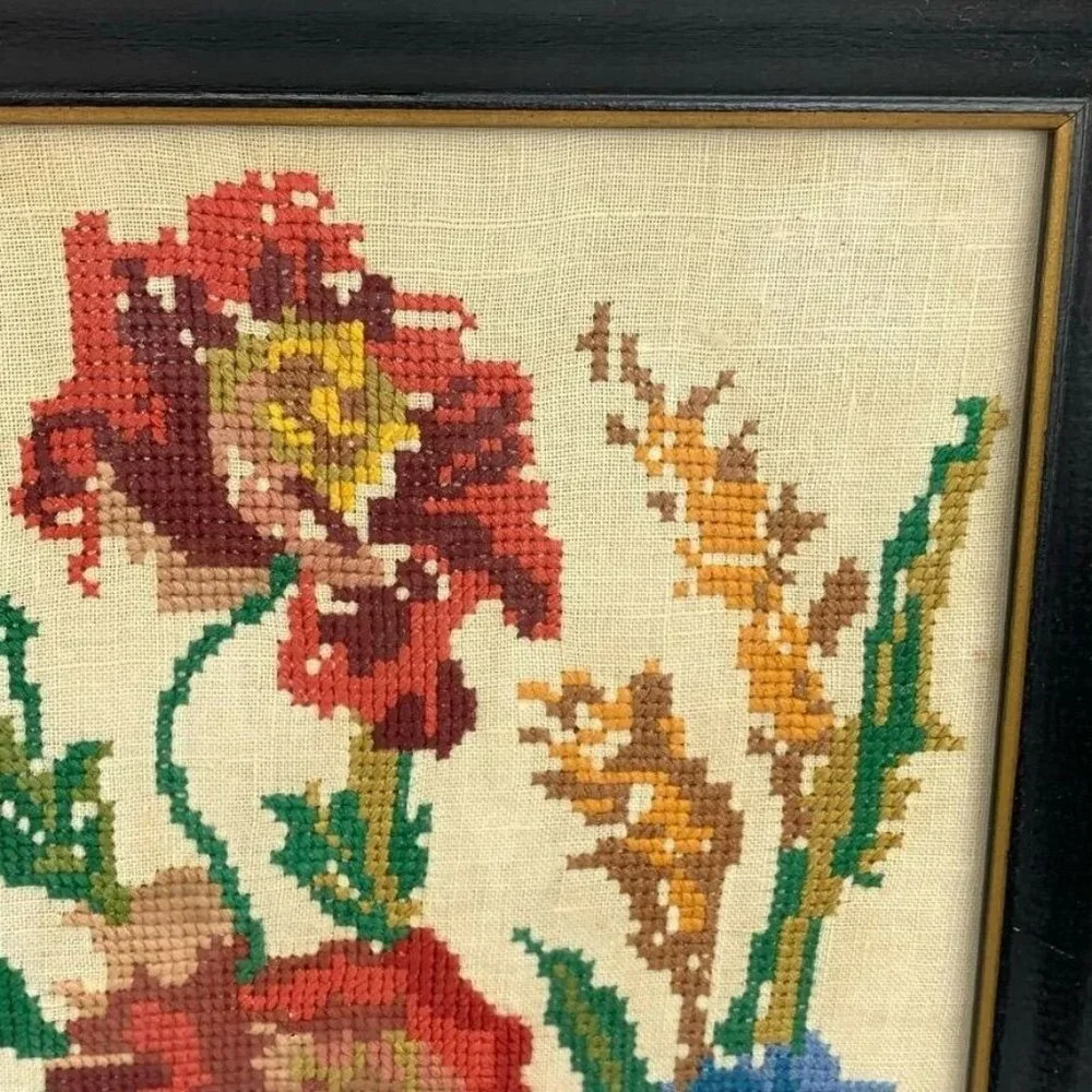 Vintage Framed Finished‎ Needlework Wall Hanging Picture Floral Cottagecore 1964